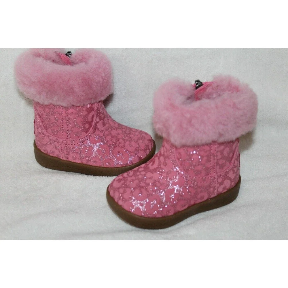 NIB UGG Girls Infant Metallic Pink‎ Leopard Shearling Boots Booties 2/3